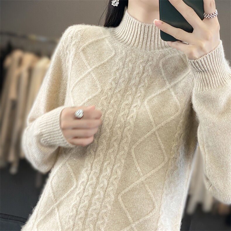 法式复古绞花100纯羊毛针织衫女2025新款加厚显瘦长袖打底衫毛衣,女装羊毛衫,郡淞羊绒