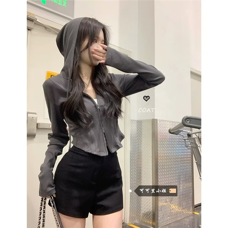 美式复古连帽双拉链长袖开衫女2025秋冬新款鱼骨设计感短款小外套图片