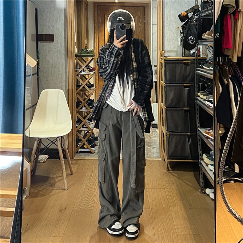 美式复古多口袋做旧工装裤女街头宽松显瘦直筒长裤潮K0202-P45图片