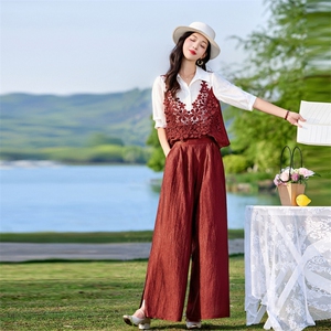 时尚洋气蕾丝拼接套装女2026夏季新款宽松遮肉显瘦阔腿裤两件套图片