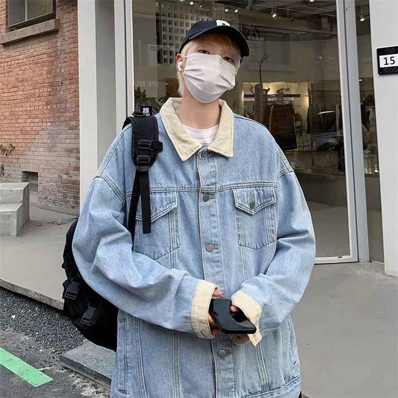 得物品质秋款男牛仔夹克衫灯芯绒领拼色宽松休闲外套JK0350P63,男装夹克,星座1013-1