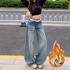 通勤街头休闲阔腿牛仔裤女加绒加厚水洗垂感显瘦个性牛仔牛仔裤潮，男装牛仔裤，星座506A