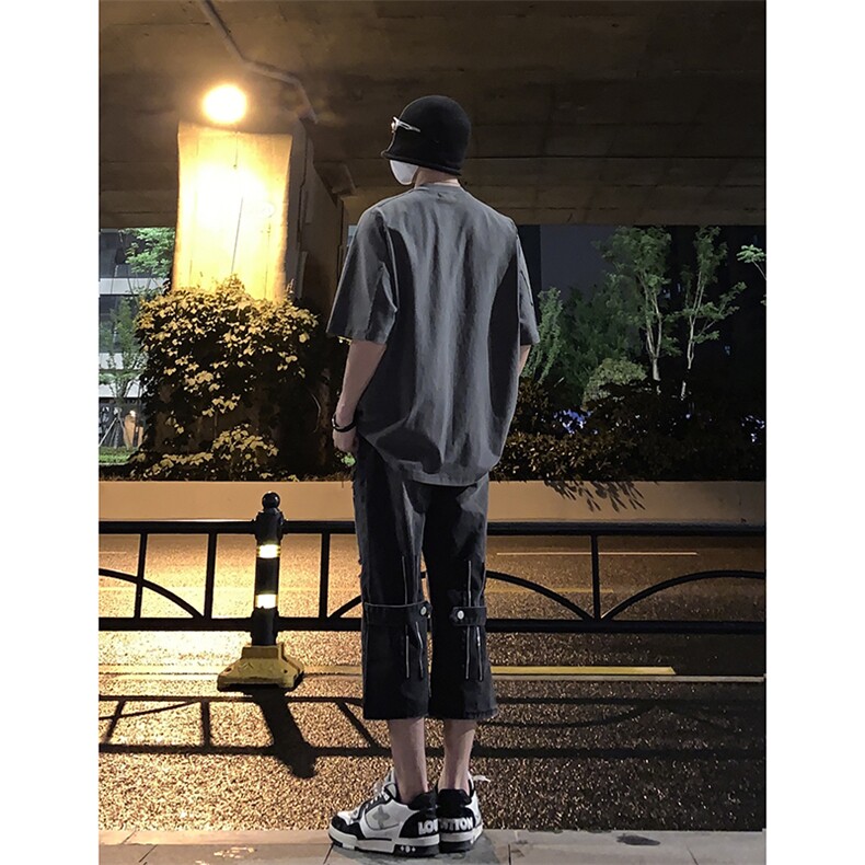 B221美式ins高街设计感拉链直筒七分牛仔裤LK23071-P55控78,男装牛仔裤,电商B221