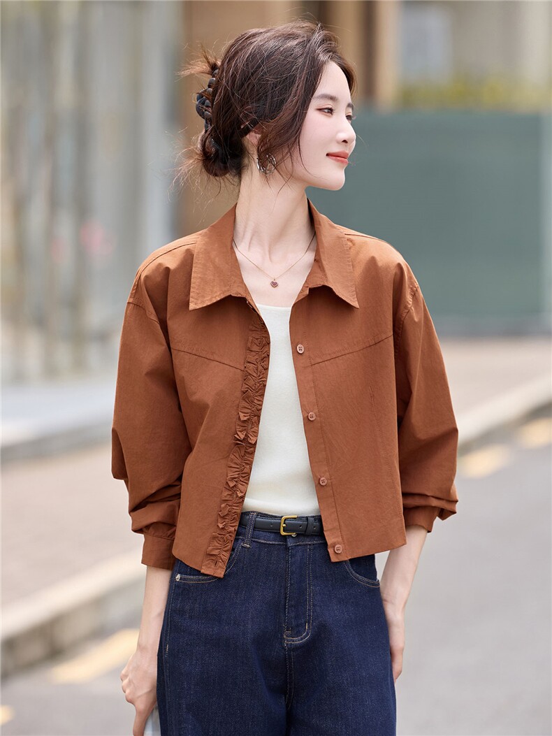 2025早秋新款韩系休闲复古别致好看小个子短款百搭衬衫薄外套女,女装衬衫,丽影随形
