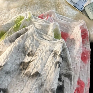 美式街头设计感圆领麻花纹扎染毛衣男慵懒风休闲针织衫GM218P54图片