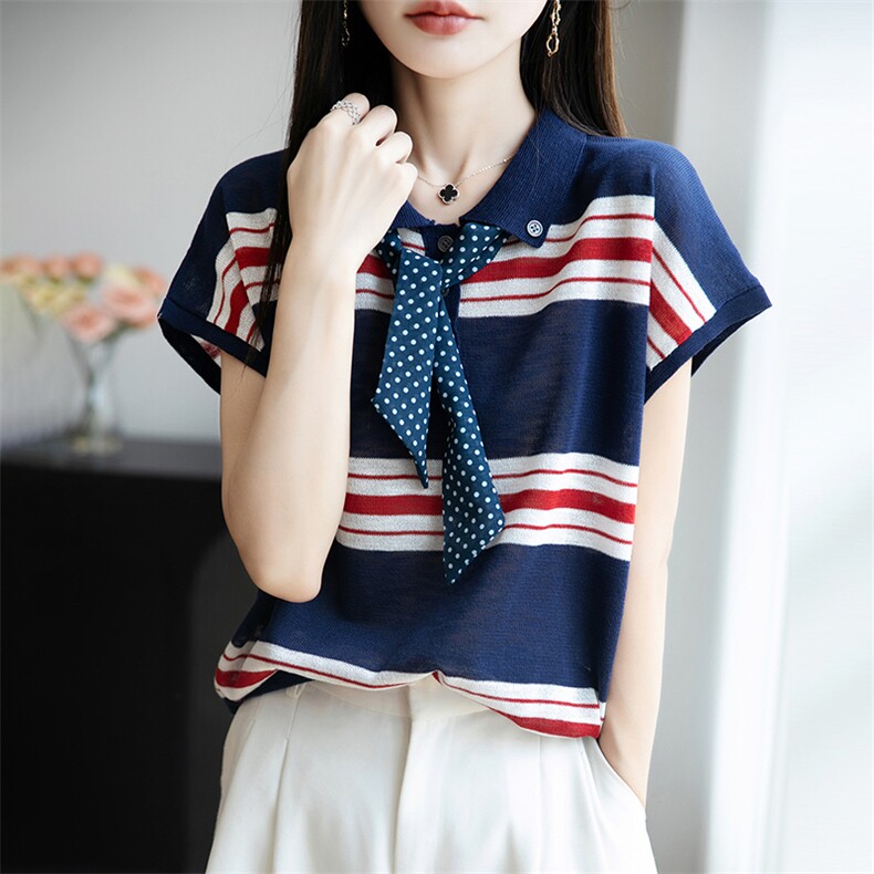 设计感Polo领纽扣丝巾条纹T恤女2025夏季款减龄百搭打底飞袖上衣,女装T恤,菲奥羊绒