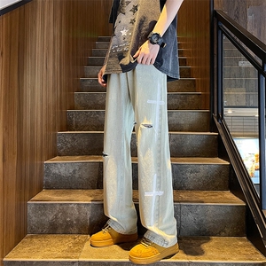 2024夏季美式高街直筒阔腿破洞泼漆牛仔裤313A-1-NZ044-P55控68图片