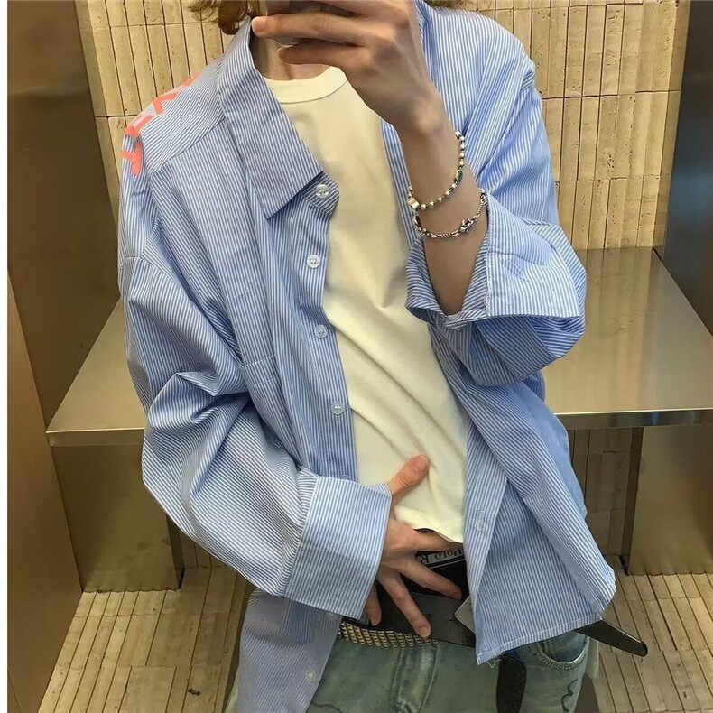 美式复古蓝色条纹衬衫男宽松设计感字母印花夏季长袖防晒衬衣2025,男装衬衫,星座506A