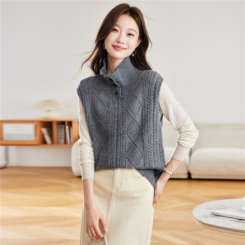 2025新款秋冬季韩系宽松超好看的高领无袖毛衣背心马甲上衣女外套,女装羊毛衫,艾米