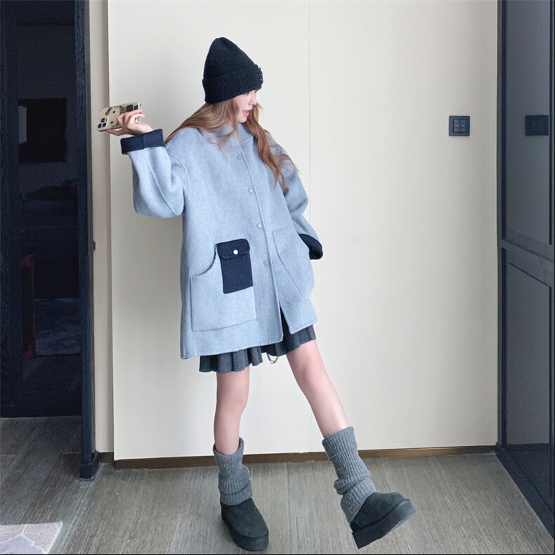 新款xian货拼色连帽双面呢AD939-P285K408,女装毛呢外套,2B187