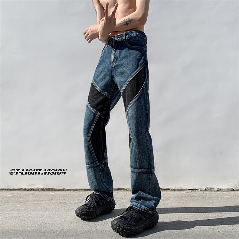 B221美式ins高街小众拼接修身小脚牛仔裤LK23038-P65控88,男装牛仔裤,电商B221