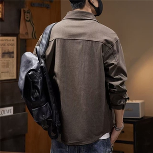 重磅纯棉长袖衬衫男春秋美式高级感休闲纯色翻领衬衣外套男图片