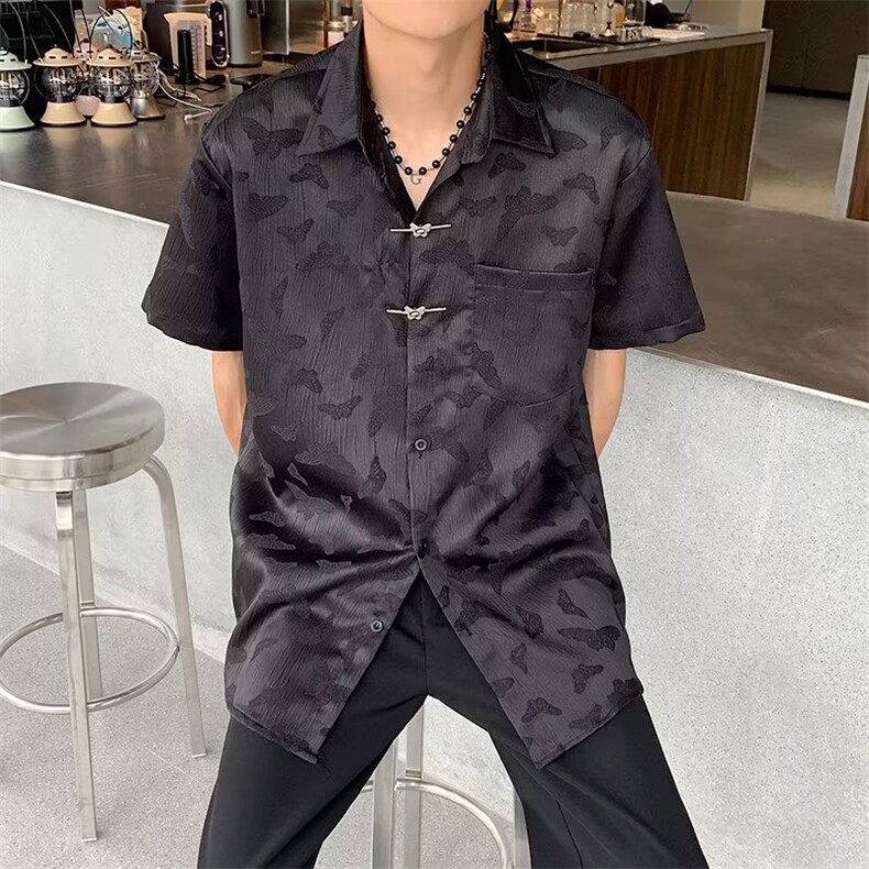夏款男短袖衬衫蝴蝶刺绣金属扣五分袖衬衣CS673 P45图片