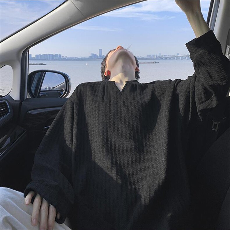 美式高街千鸟格子长袖T恤男女亨利V领英伦雅痞休闲宽松长袖打底衫，男装T恤，电商A486