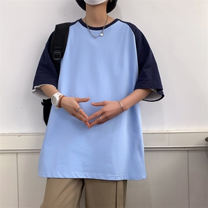季主推拼接落肩港风大码宽松情侣休闲学生班服T恤圆领重磅260克图片