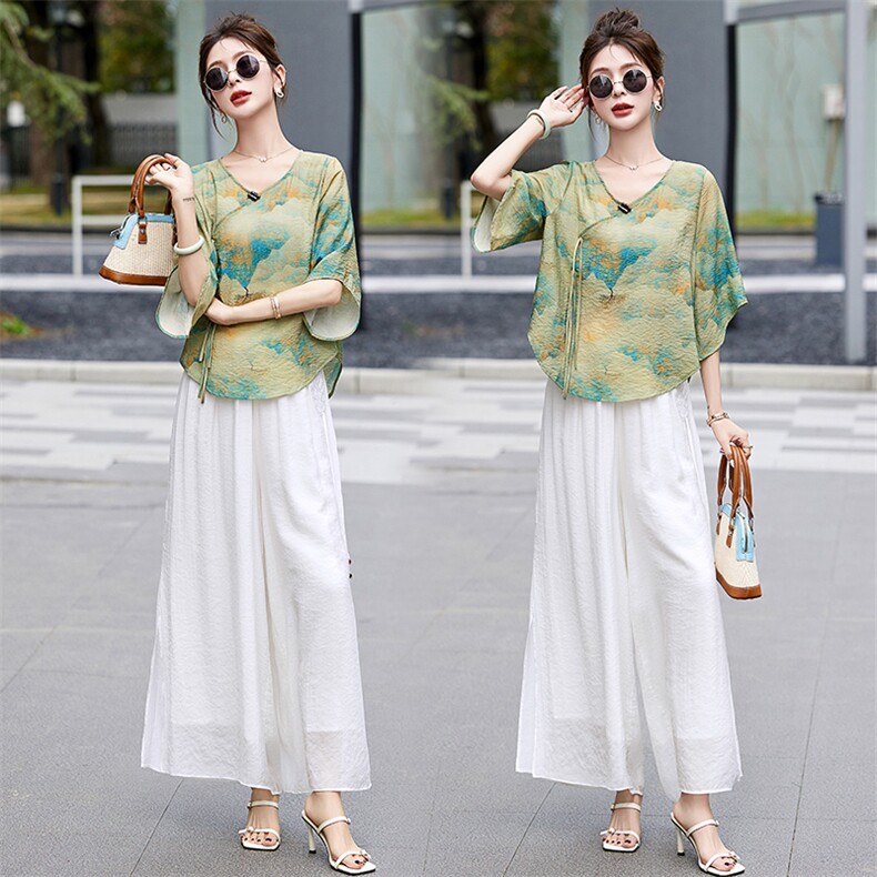 休闲棉麻套装女新中式国风两件套裙裤2025夏装搭配一整套民族风，女装套装/套裙，涵墨