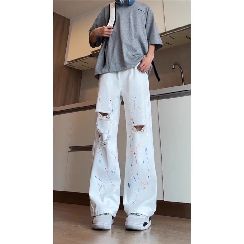 日系泼墨破洞牛仔裤男夏季薄款气质新款潮流N317-P47，男装牛仔裤，星座208-5