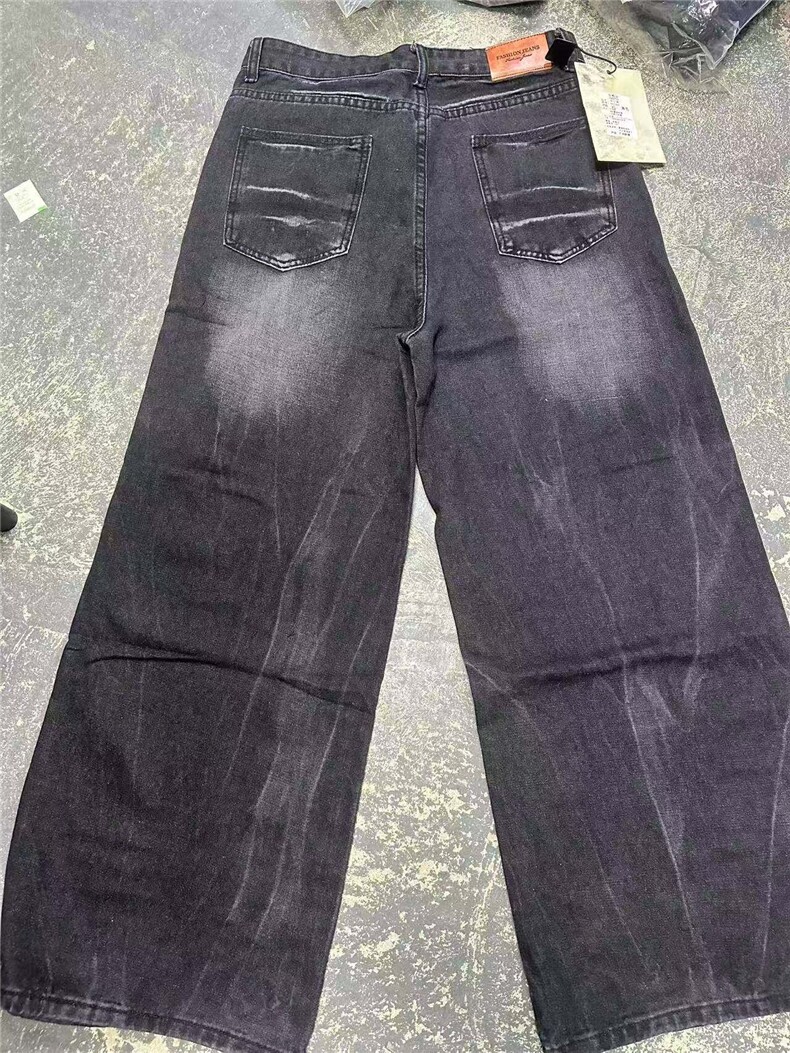 美式复古牛仔裤男春秋季水洗做旧闪电纹高街vibe宽松阔腿裤,男装牛仔裤,星座613