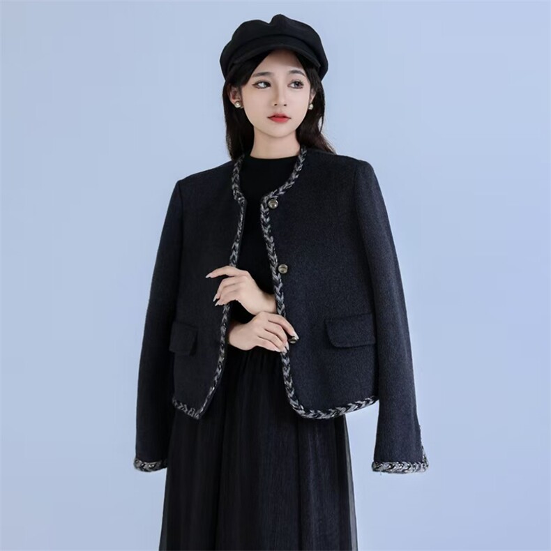 现货主推新款双面羊毛小香风织带撞色羊毛呢子小个子短外套,女装毛呢外套,丝露怡语