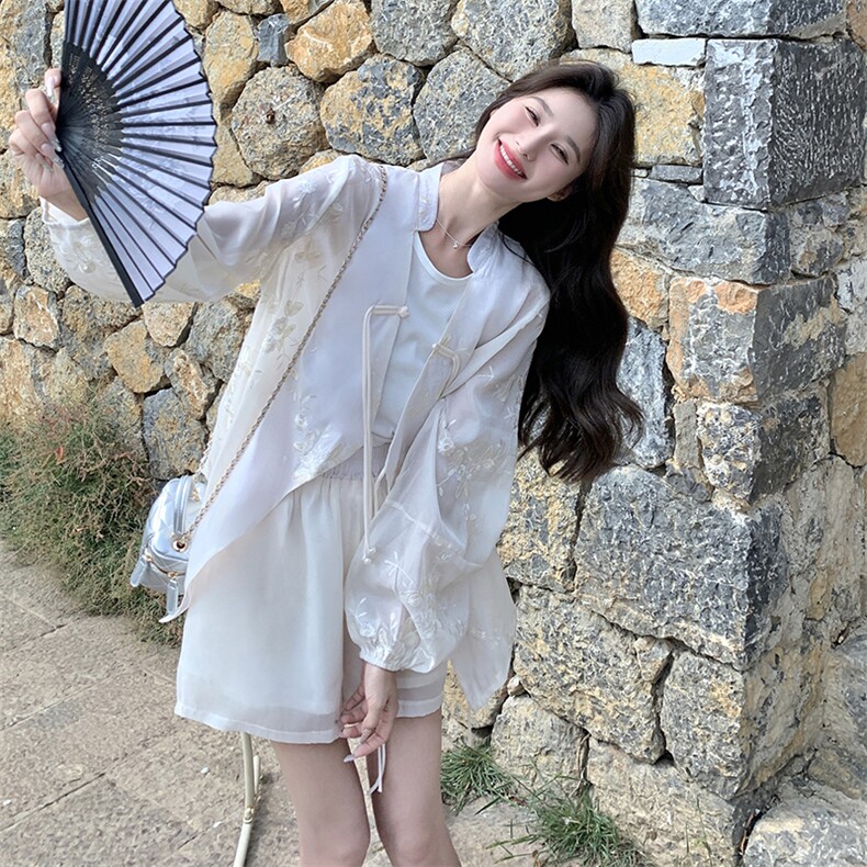 新中式时尚防晒套装女2025春夏季新款高级感国风显瘦短裤三件套装,女装套装/套裙,2C187