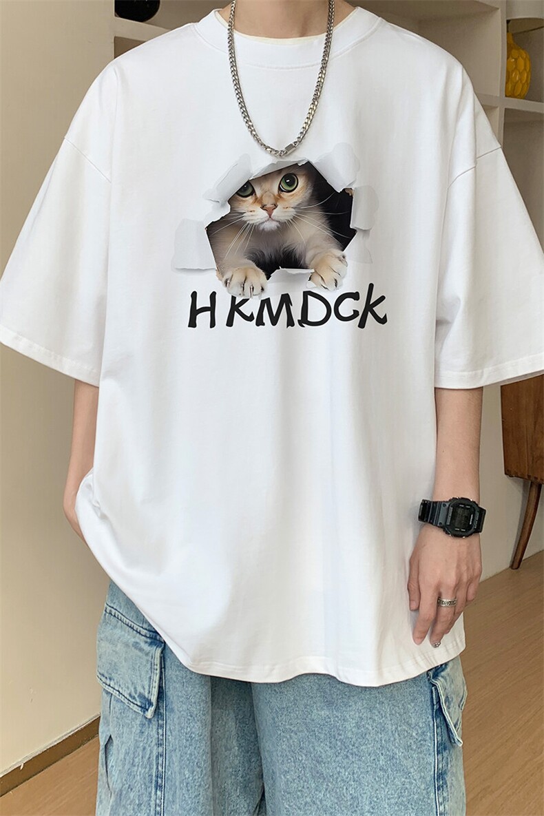 图案已注册夏季新款可爱小猫印花短袖T恤男潮半袖打底衫D002/P25,男装T恤,电商B209