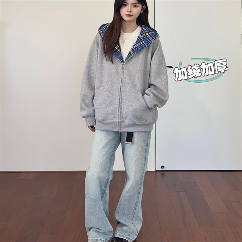 2025美式假两件连帽拼接加绒卫衣开衫男女宽松冬cleanfit休闲外套,女装短外套,星座516A