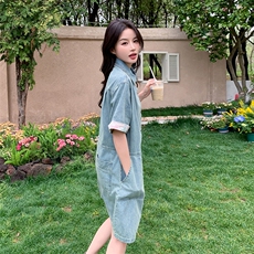 POLO领牛仔连衣裙女夏2024年新款港风宽松显瘦小个子减龄连衣裙，女装连衣裙，辉之琳