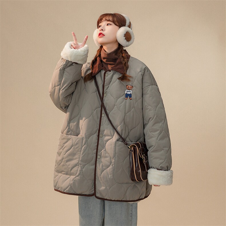 1中性风灯芯绒拼接假两件小熊连帽大码M-5XL棉衣女8713P135控168，女装棉衣/棉服，星座226-2