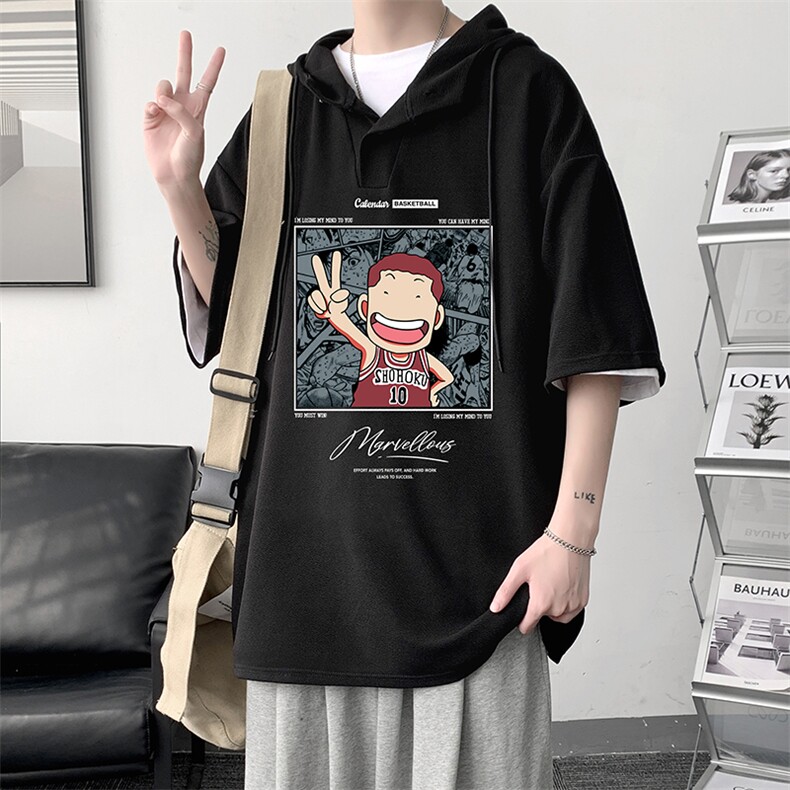 LD54392-P45NASA连帽短袖t恤男大码胖子带帽五分袖中袖,男装T恤,电商A040