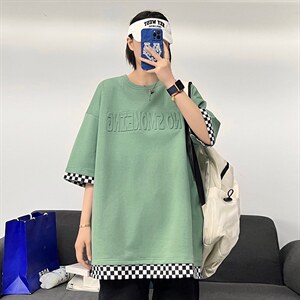 新品短袖港风T恤凹凸印棋盘格i男士宽松ns潮牌TC3108-P28图片