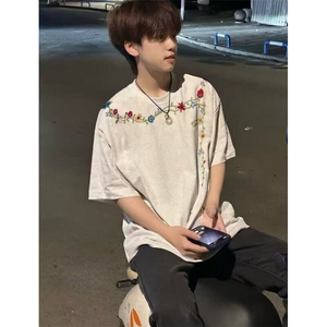 潮牌高街刺绣藤蔓情侣短袖T恤男女夏季新款宽松半袖上衣 TB119图片