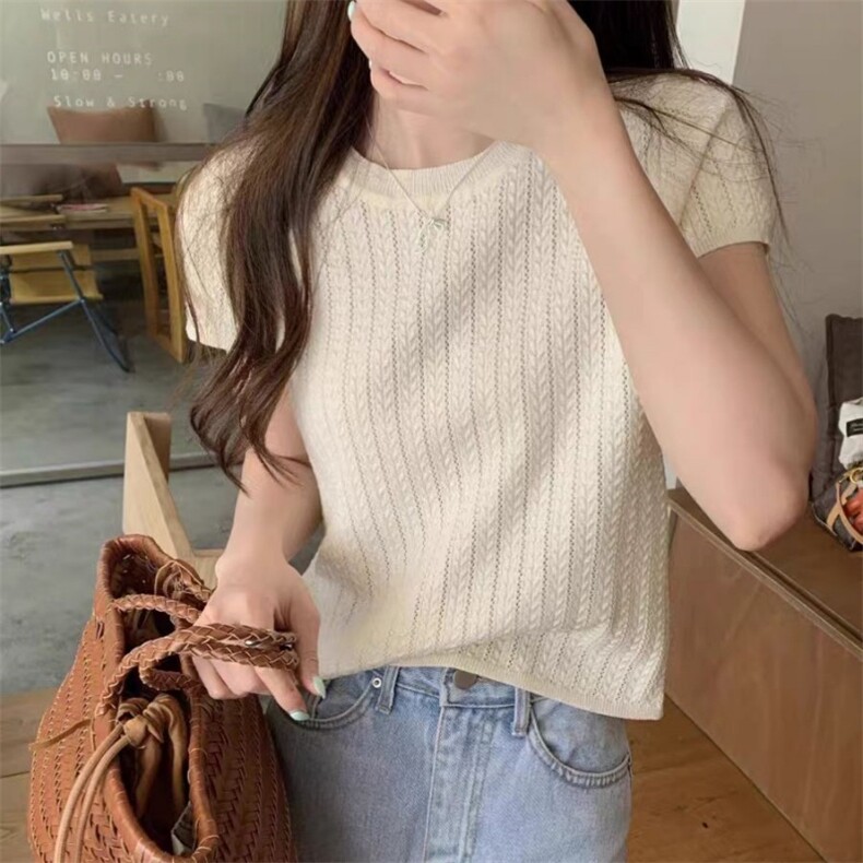 夏季新款女士休闲百搭通勤时尚圆领短袖,女装T恤,锦瑟羊绒