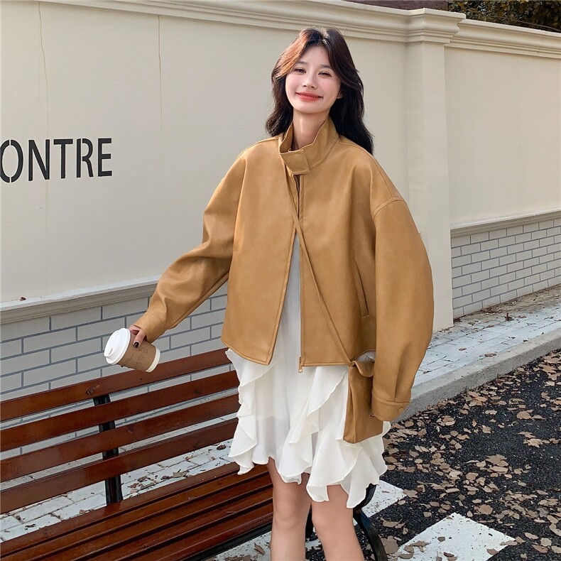 高级小众韩系慵懒chic黄色皮衣外套女春秋超火好看漂亮短夹克上衣,女装皮衣,2C375