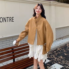 高级小众韩系慵懒chic黄色皮衣外套女春秋超火好看漂亮短夹克上衣，女装皮衣，2C375