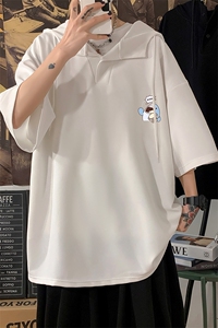 LD54239-P45 连帽短袖t恤男大码胖子带帽五分袖中袖 海报风图片