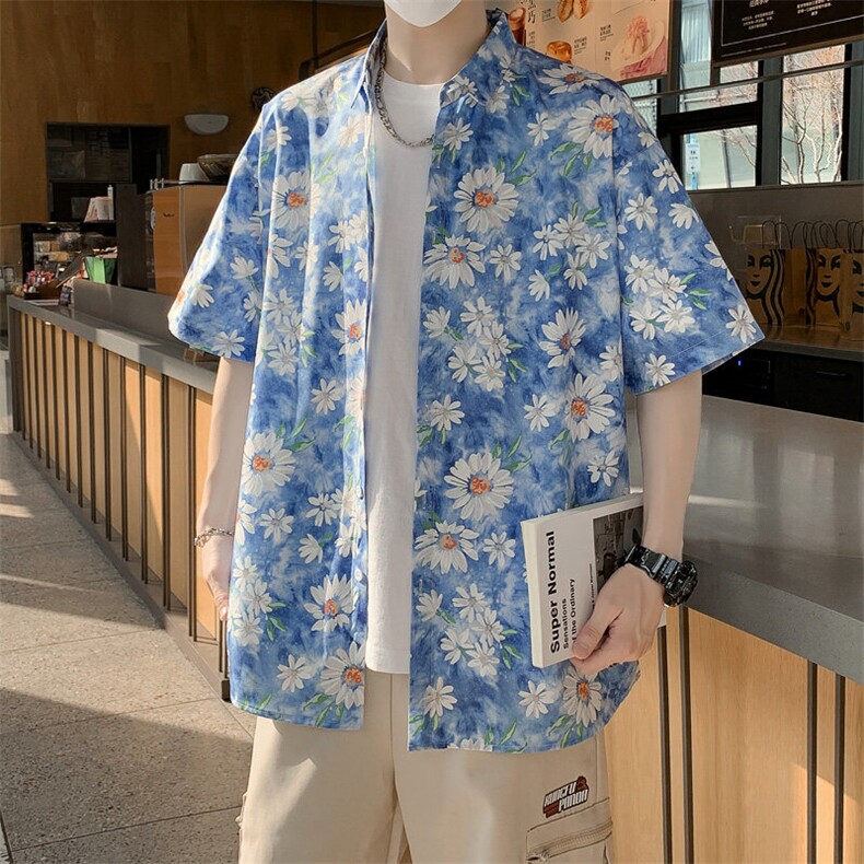 夏威夷花衬衫男夏季纯棉短袖寸衣翻领海边度假7242特P30,男装衬衫,电商A056