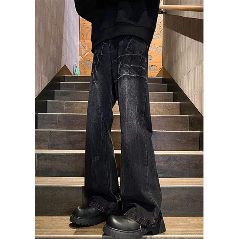 高街黑色闪电纹牛仔裤男春夏痞帅水洗复古直筒微喇长裤N65,男装牛仔裤,星座1116A（原606A-3）