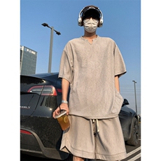 2026夏V领短袖冰丝T恤套装大码男纹理提花半袖TZ5677/特P45灰3，男装T恤，电商A094