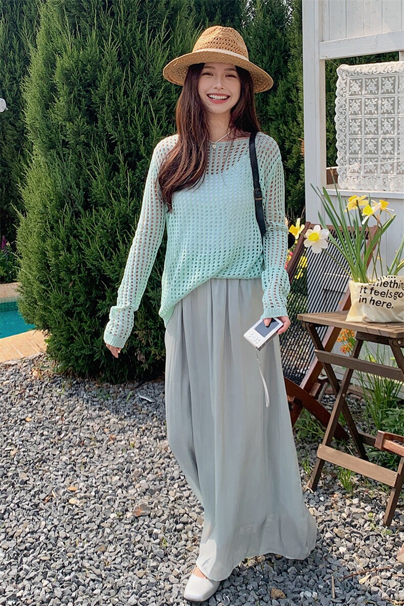 氛围感穿搭蓝色套装裙女2025春秋季新款镂空针织上衣半身裙两件套,女装套装/套裙,灵力轩