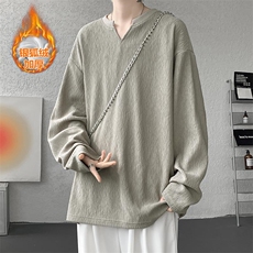 新款450g重磅保暖银狐绒V领大码长袖T恤男T51121J加绒-特P32控59，男装T恤，电商A001