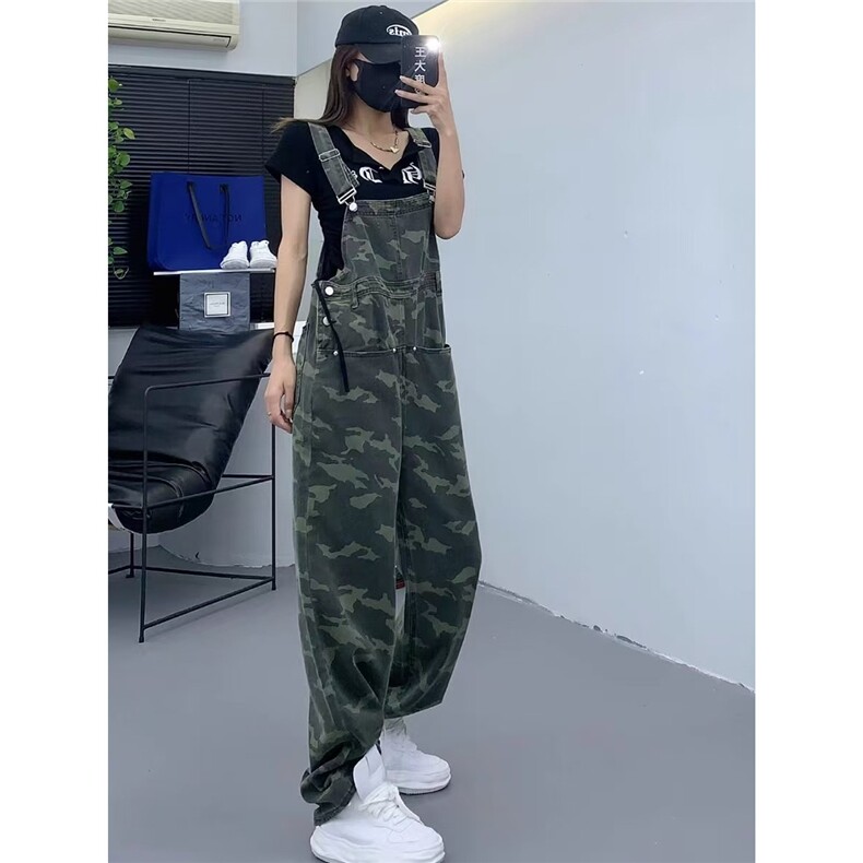 2025春夏季休闲迷彩军绿色牛仔背带裤女宽松小个子显高阔腿连体裤,男装牛仔裤,星座506A