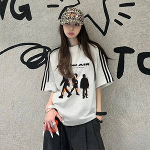 抖音得物高品质二开240克宽松纯棉美式潮牌三条杠织带短袖T恤图片