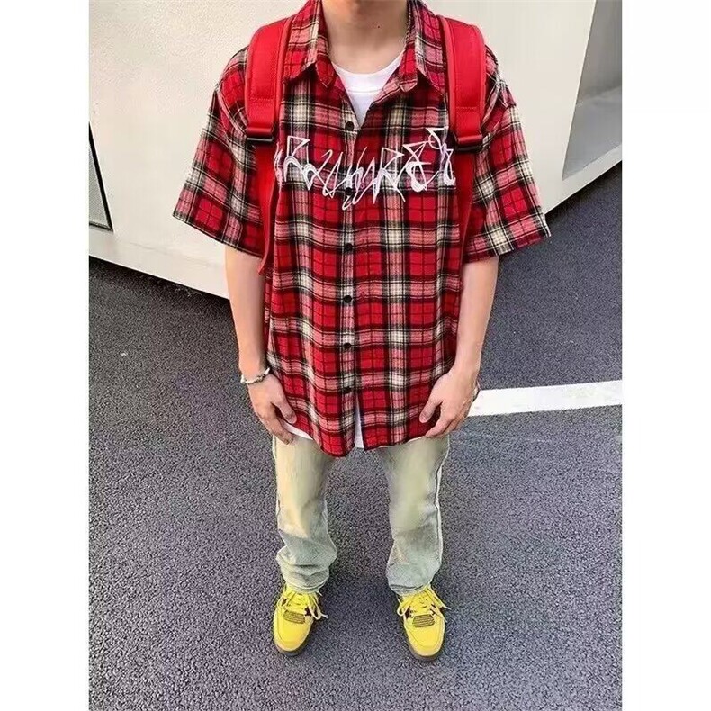 美式复古酒红色格子衬衫短袖男高级感刺绣衬衣休闲百搭情侣外套潮,男装衬衫,星座603-2