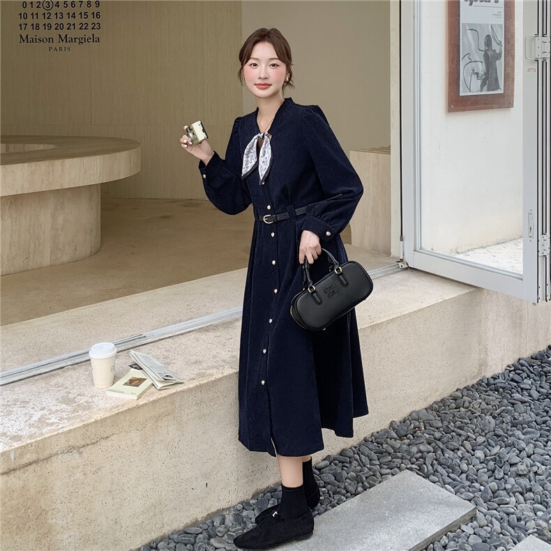 2025年秋季新款新款收腰长袖连衣裙女时尚系带显瘦高腰百搭长裙,女装连衣裙,1D102-1