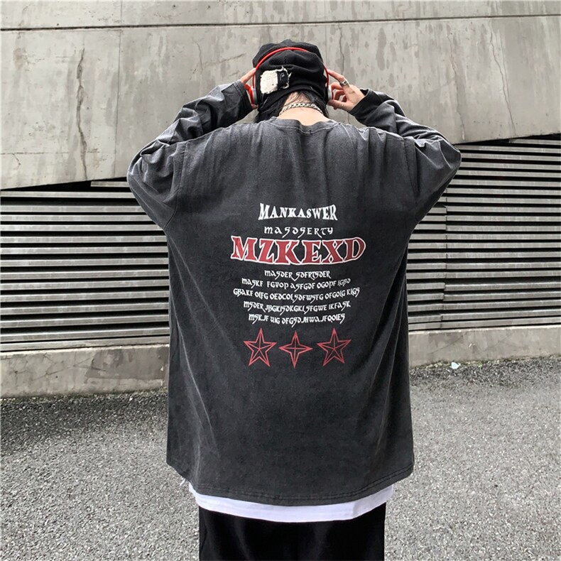 潮流街头复古洗水做旧前后设计感字母印花宽松长袖上衣 E714-P55图片