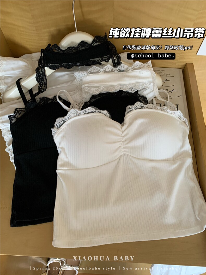 纯欲性感辣妹蕾丝拼接挂脖吊带背心女内搭带胸垫短款上衣,女装背心吊带,梦白服饰厂