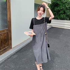 灰色法式假两件连衣裙女拼接小众设计夏2025新款气质t恤裙吊带裙，女装连衣裙，2C129