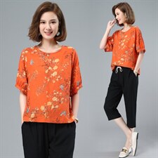 休闲套装女2021年夏季新款女装妈妈时尚减龄洋气显瘦两件套，女装套装/套裙，涵誉