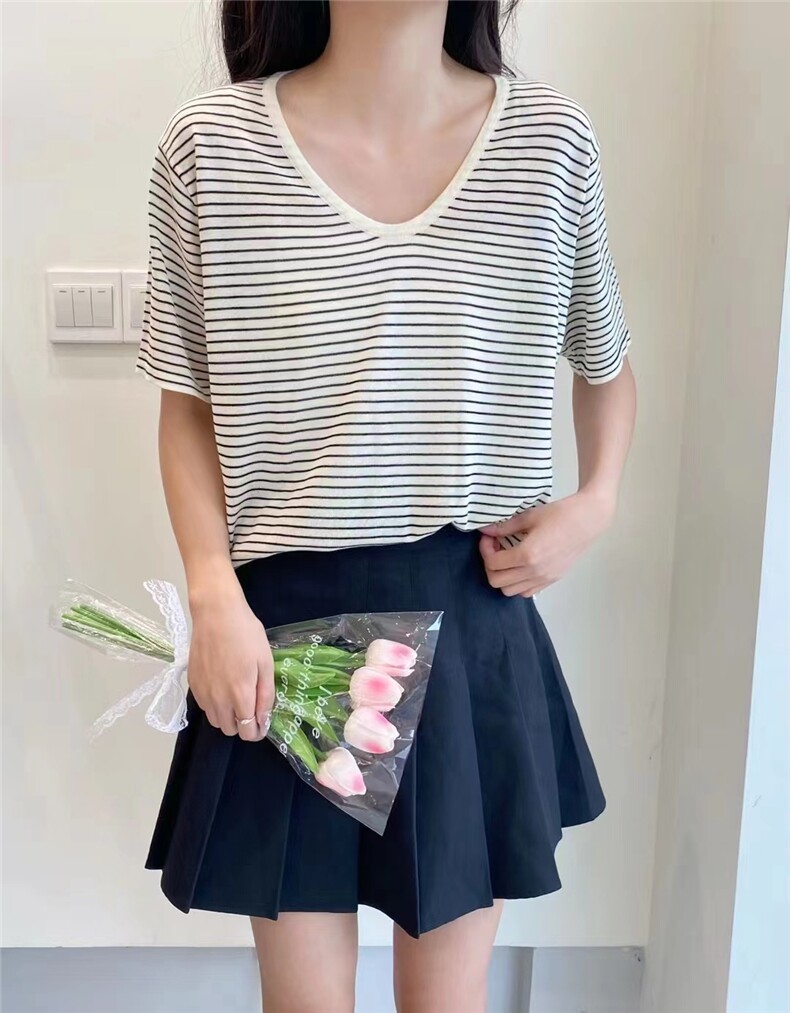 女士夏季简约百搭时尚舒适圆领条纹短袖,女装T恤,斯尔特羊绒