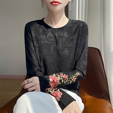 2025年秋季新款长袖刺花针织女士上衣时尚休闲通勤百搭，女装针织衫/毛衣，绒宛羊绒